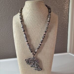 Vintage Leopard Skin Jasper And Hematite Neclace With Carved Fish Pendant
